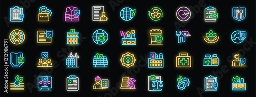 Bright neon icons highlighting key aspects of esg, encompassing environmental protection, social responsibility, and corporate governance