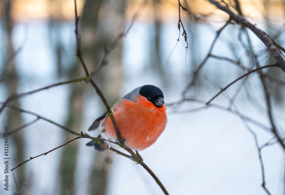 Bullfinch bird perched on thin tree branch in snowy background. Winter wildlife concept Bullfinch bird perched on thin tree branch in snowy background. Winter wildlife concept