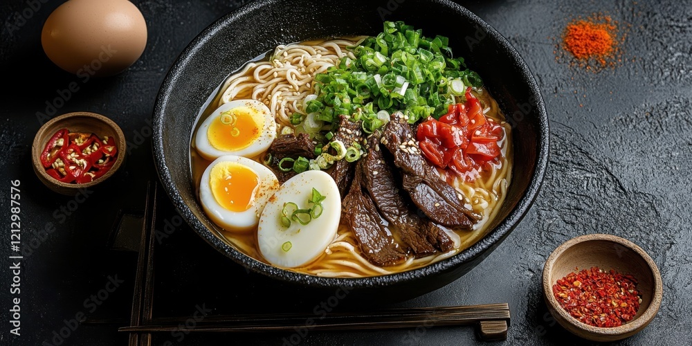 Ramen bowl, rich broth, sliced beef, soft-boiled eggs, green onions, noodles, black ceramic bowl, moody lighting, overhead view, food photography, Japanese cuisine, umami, savory, appetizing, detailed Ramen bowl, rich broth, sliced beef, soft-boiled eggs, green onions, noodles, black ceramic bowl, moody lighting, overhead view, food photography, Japanese cuisine, umami, savory, appetizing, detailed