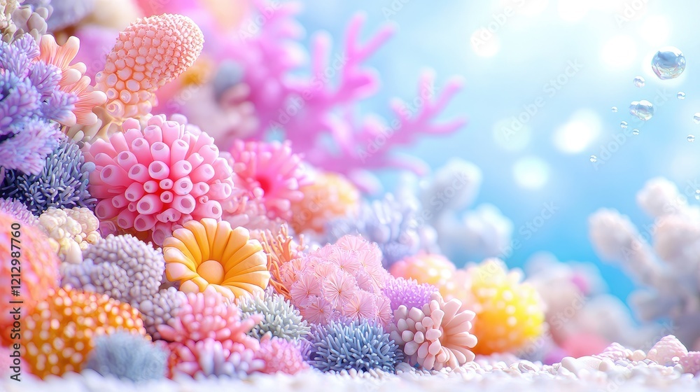 Pastel coral reef underwater scene, ocean background, vibrant colors, decorative art