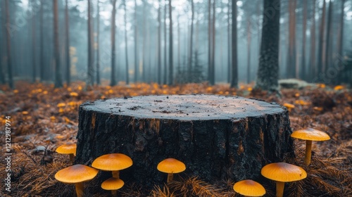 Forest stump, mushrooms, autumn mist, woodland scene photo