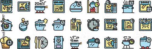 Cooking time management icons represent efficient meal preparation using kitchen appliances and timers