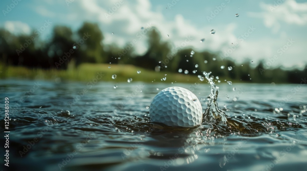 golf ball in water hazard. Problems and obstacles of Golf balls are in danger from water. White golf ball falls into the water One of the obstacles to playing golf