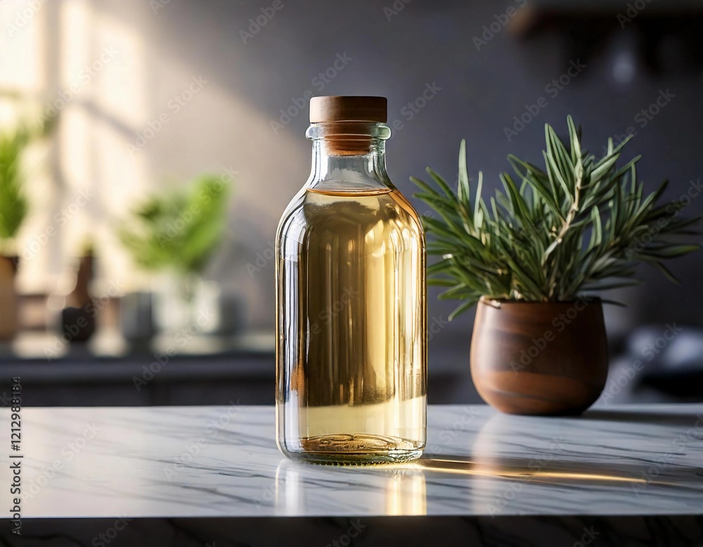 Glass bottle filled with golden liquid positioned on a marble countertop in a well-lit indoor setting