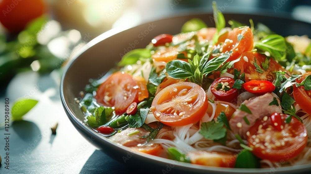 A vibrant salad bowl filled with fresh ingredients like tomatoes, herbs, and spices, radiating colors and textures that celebrate the essence of healthy eating. A vibrant salad bowl filled with fresh ingredients like tomatoes, herbs, and spices, radiating colors and textures that celebrate the essence of healthy eating.