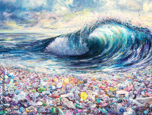 Ocean's Lament: A towering wave crashes towards the shore, a stark reminder of the plastic pollution threatening our oceans. The vibrant blue of the wave contrasts with the sea of plastic waste below. photo