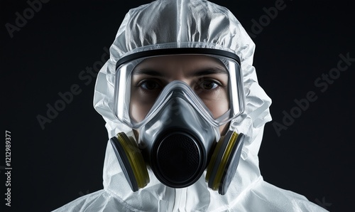 Protective Hazmat Suit with Respirator Mask, Close-Up of Individual in Safety Gear, Emphasizing Health and Safety Precautions photo