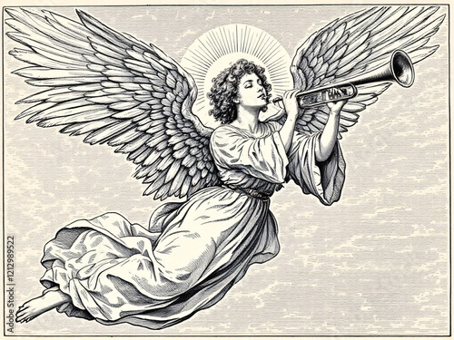 Angel with trumpet in flight.
