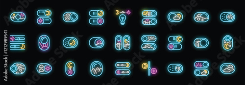 Glowing neon icons depict day and night mode toggle switches, featuring sun, moon, and cloud symbols, ideal for user interface design