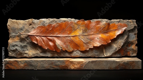 Fossilized leaf in stone, dark background, display photo