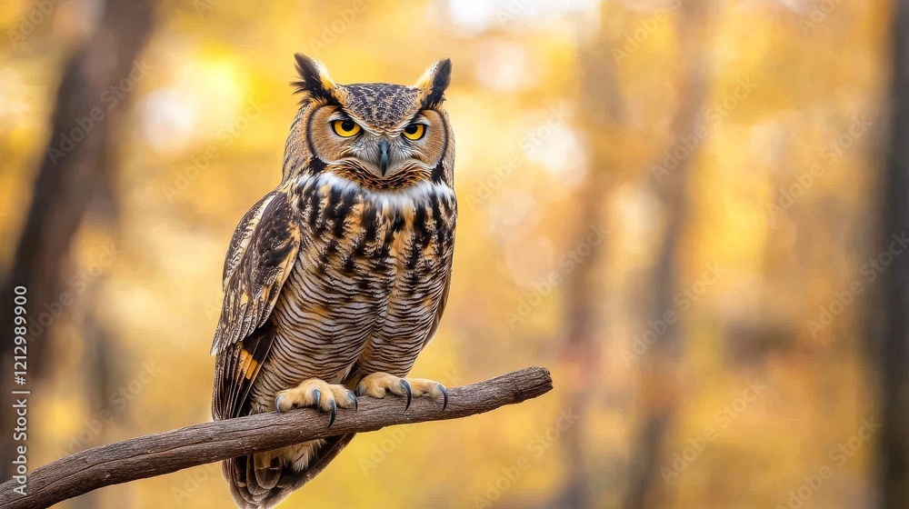 Obraz premium An impressive owl stands alert on a branch, showcasing intricate feather patterns. Vibrant autumn leaves create a colorful background, enhancing the tranquil atmosphere in the forest