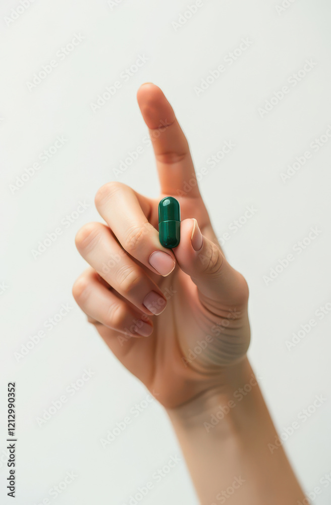 Fototapeta premium Close Photo Hand Holding Green Medical Capsule