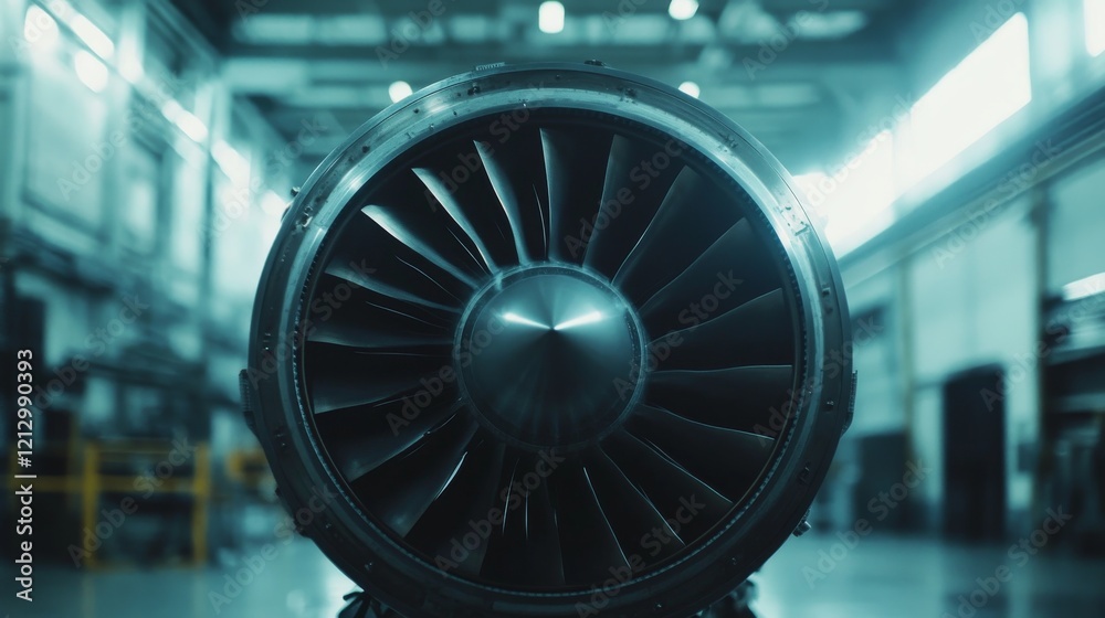 Fototapeta premium A powerful jet engine is prominently displayed in a spacious hangar, with bright lights illuminating its intricate components and showcasing its engineering design