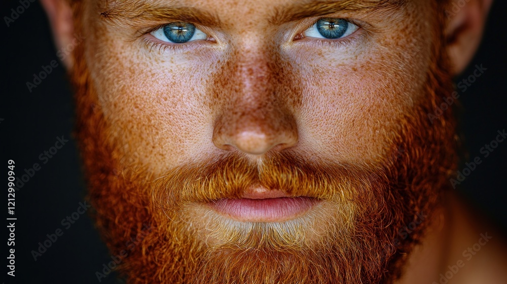 Obraz premium Freckled redhead man portrait, close-up, studio, dark background, advertising