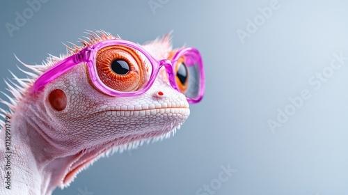Smart lizard wearing glasses, studio shot, light background, education concept