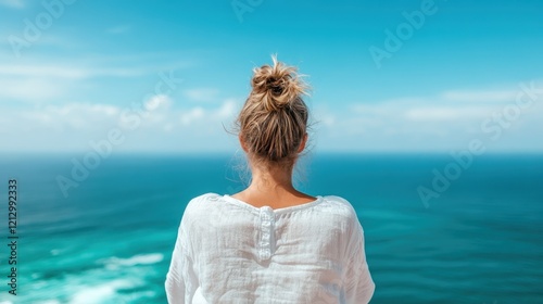 Captured from behind, a woman gazes out over the scenic ocean, enveloped by a sense of tranquility and awe at the natural beauty of the landscape around her.
