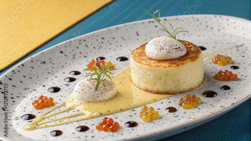 Cheese blini dish with molecular gastronomy plating