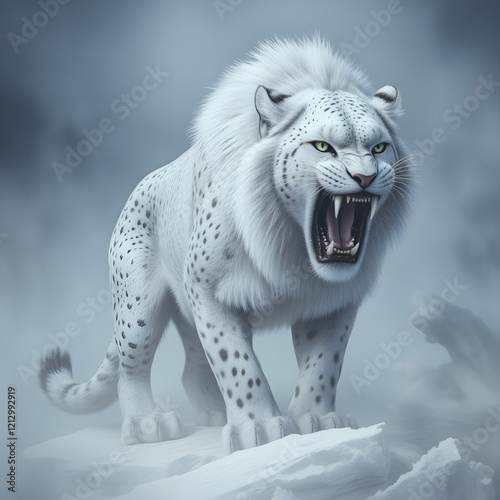 The image depicts a majestic, white-furred dire cat with striking pale green eyes that exude an otherworldly intensity. Its powerful build and exaggerated proportions emphasize its dominance as a pred photo