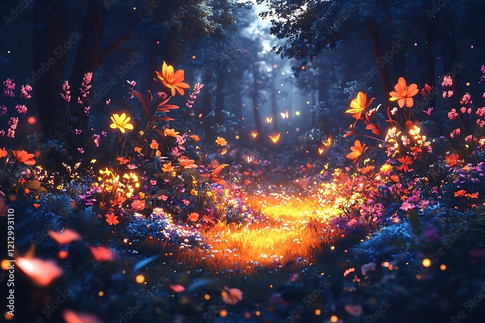 Fototapeta premium Glowing flowers and butterflies illuminate a mystical forest path at night.
