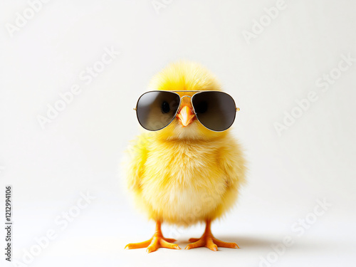 Fluffy yellow chick wearing aviator sunglasses, looking cool and playful.