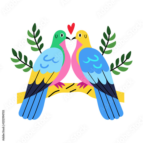 A flat sticker of lovely birds sitting on a tree branch