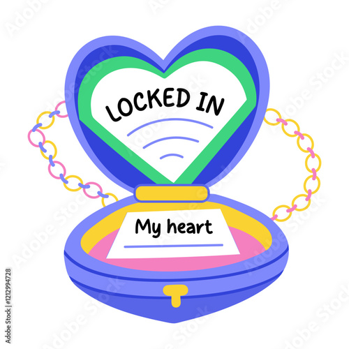 A flat sticker of heart locket with locked in my heart typography