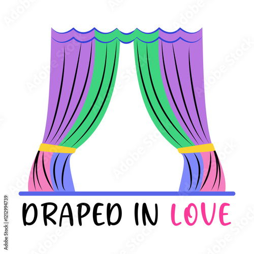 A flat sticker of colourful curtains with draped in love typography