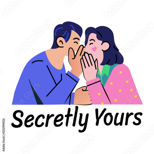 A flat sticker of couple whispering with secretly yours typography
