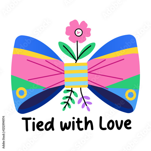 A flat sticker of floral bow with tied with love typography