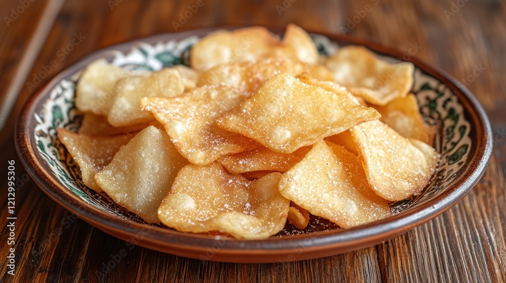 Fried pastries on ornate plate, wooden table background Fried pastries on ornate plate, wooden table background