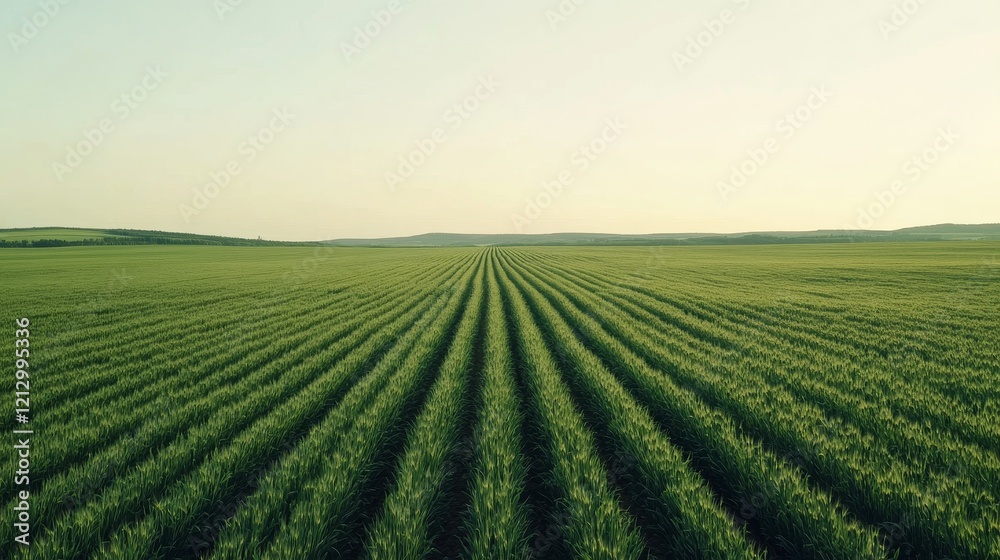 Expansive crop fields display vibrant green rows extending into the distance. A clear sky above enhances the serene landscape, captured during late afternoon light Expansive crop fields display vibrant green rows extending into the distance. A clear sky above enhances the serene landscape, captured during late afternoon light