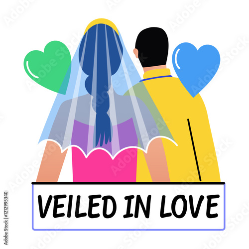 A flat sticker of wedding couple with veiled in love typography