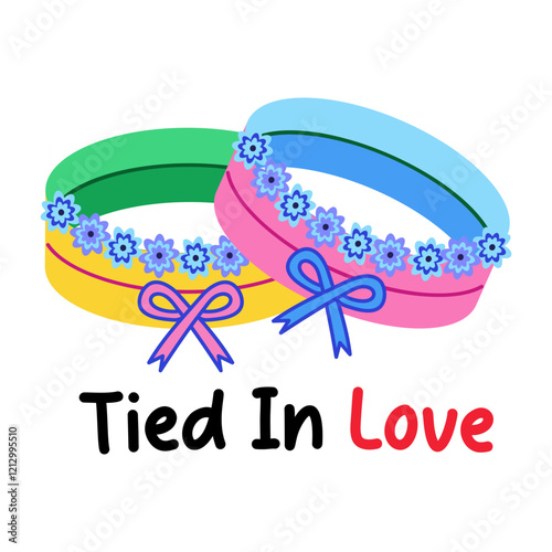 A flat sticker of wedding rings with tied in love typography