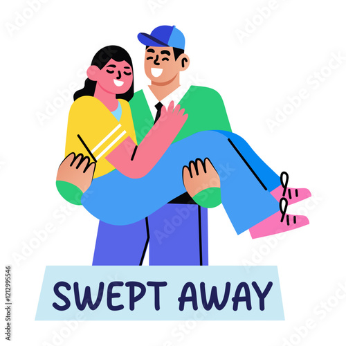 A flat sticker of romantic couple with swept away typography