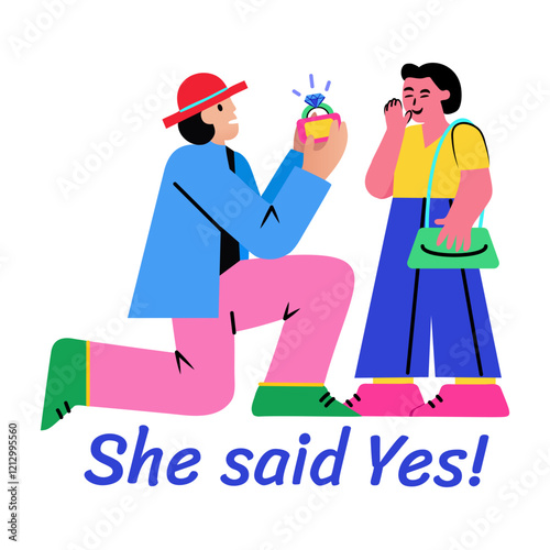 A flat sticker of marriage proposal with she said yes typography