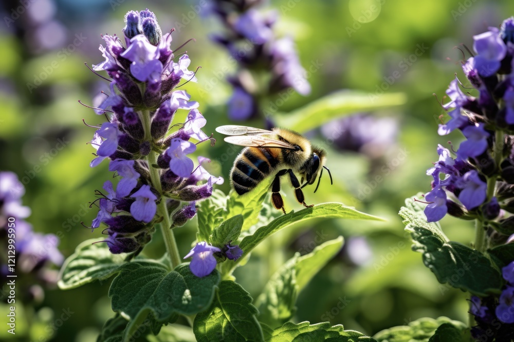 Close Up of Blooming Catmint Plant with Purple Flowers and Bumblebee in Summer Garden Close Up of Blooming Catmint Plant with Purple Flowers and Bumblebee in Summer Garden
