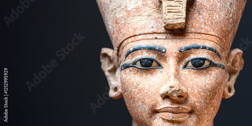Close-up of an ancient pharaoh statue, showcasing intricate details and weathered stone.  The regal headdress and serene expression are striking.