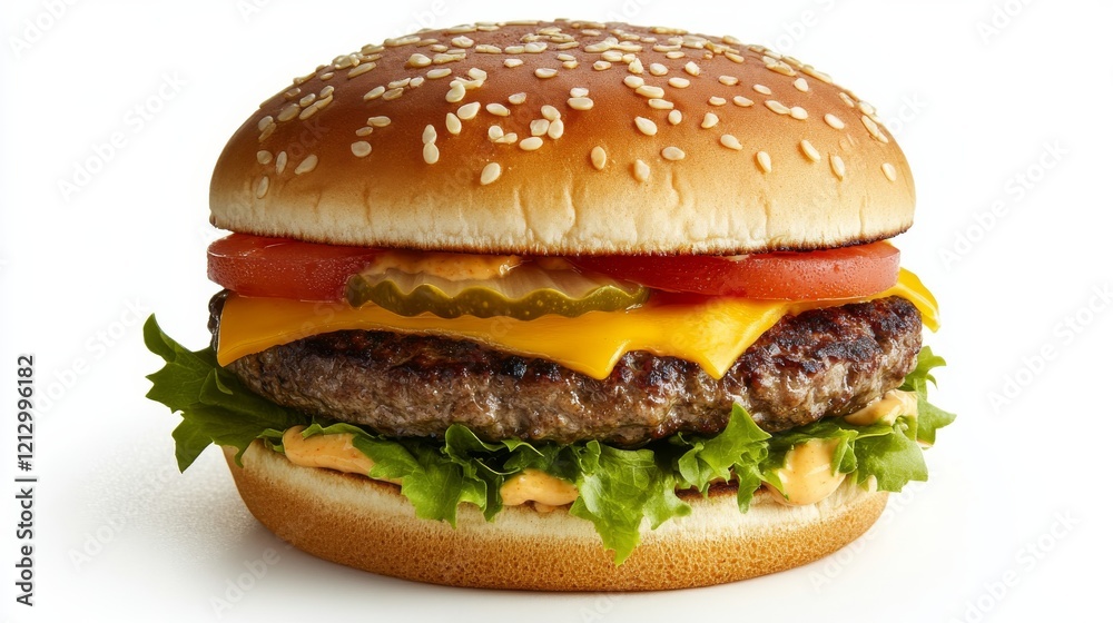 This delicious hamburger showcases fresh lettuce, sliced tomatoes, cheddar cheese, pickles, and a flavorful sauce tucked inside a sesame seed bun. Ideal for lunch or dinner This delicious hamburger showcases fresh lettuce, sliced tomatoes, cheddar cheese, pickles, and a flavorful sauce tucked inside a sesame seed bun. Ideal for lunch or dinner