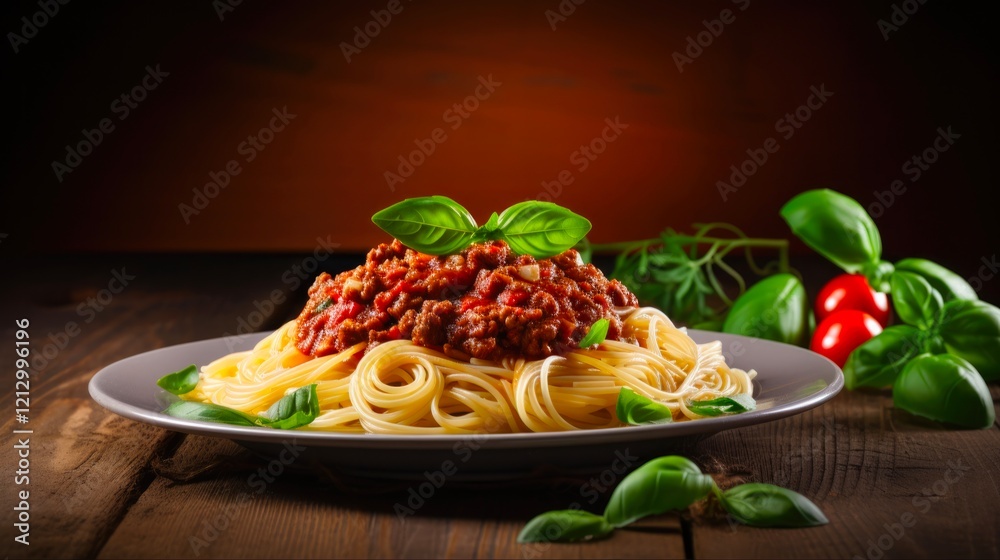 Fototapeta premium Close-up of Beef Spaghetti Bolognese with Cheese and Basil on Wooden Table Background, Perfect for Cookery and Cooking