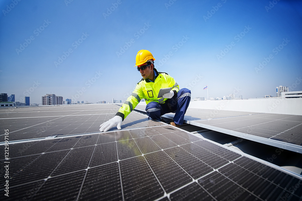 Technician installs solar panels on a rooftop in an urban area under clear blue skies Technician installs solar panels on a rooftop in an urban area under clear blue skies