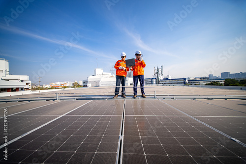 Two technicians inspecting solar panels on a rooftop in a clear blue sky during the afternoon