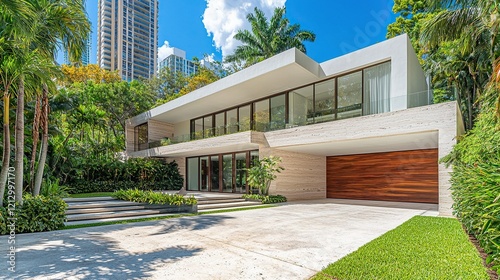 Modern Miami house, city view, tropical landscaping, real estate.