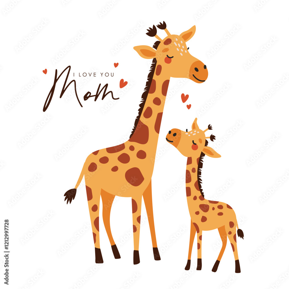 Obraz premium Giraffe mom and baby, cartoon style, mothers day illustration, cute animal