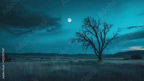 A lone tree stands in a vast field, its bare branches reaching towards the sky, with a full moon in the background.