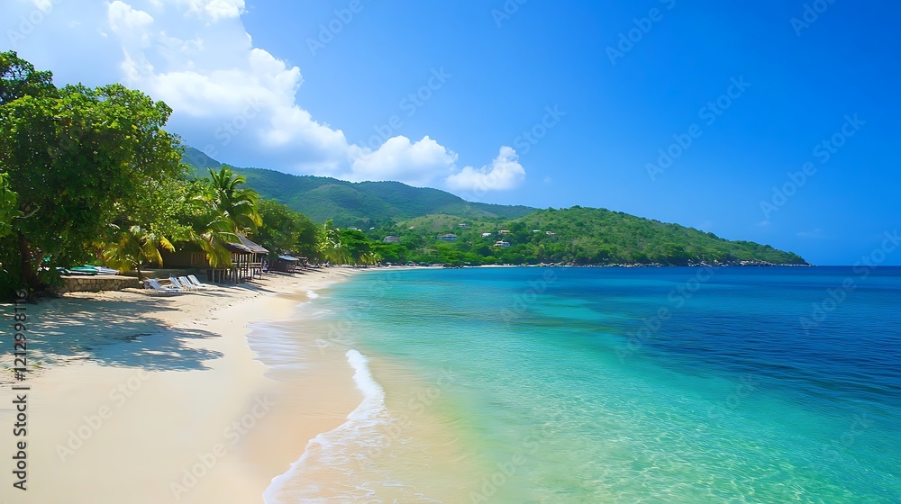 A pristine bay featuring vibrant water colors and soft sandy beaches A pristine bay featuring vibrant water colors and soft sandy beaches