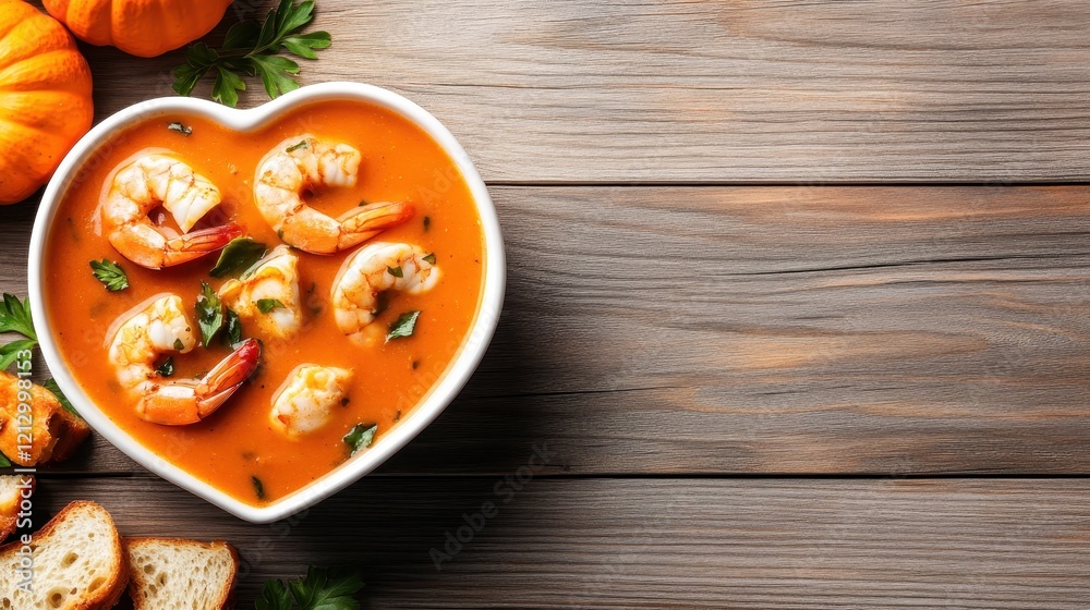 A delectable bowl of shrimp soup served in a heart-shaped dish, bursting with flavor and warmth, perfect for cozy evenings or romantic dinners. A delectable bowl of shrimp soup served in a heart-shaped dish, bursting with flavor and warmth, perfect for cozy evenings or romantic dinners.
