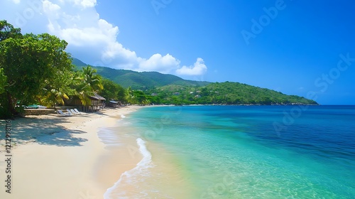 A pristine bay featuring vibrant water colors and soft sandy beaches