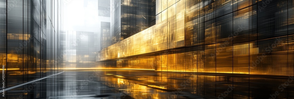 Futuristic urban landscape with reflective surfaces and golden light, showcasing modern architecture and abstract design elements Futuristic urban landscape with reflective surfaces and golden light, showcasing modern architecture and abstract design elements