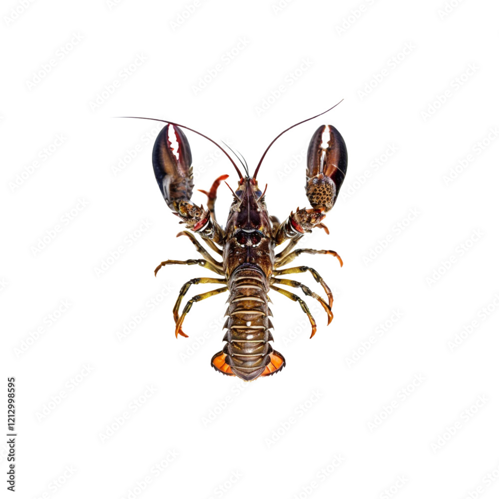 Lobster's Oceanic Elegance: An isolated shot showcases a lobster, its formidable claws raised, revealing the intricate texture of its exoskeleton, an icon of the sea's bounty. Lobster's Oceanic Elegance: An isolated shot showcases a lobster, its formidable claws raised, revealing the intricate texture of its exoskeleton, an icon of the sea's bounty.