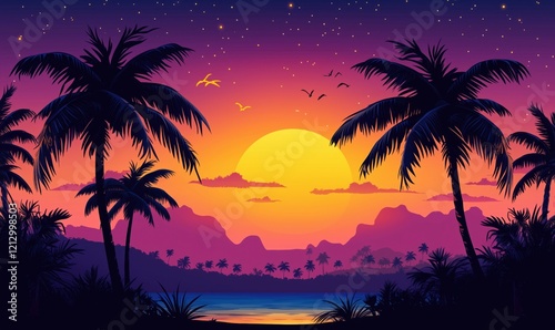 Tropical sunset landscape with palm trees  mountains  and starry sky  vibrant colors  serene atmosphere  nature beauty
